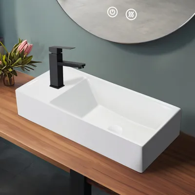 Produktbild von ZMH Waschbecken Keramik Hängewaschbecken rechteckig Aufsatzwaschbecken mit hahnloch  40 × 22 × 10cm Links Hängewaschtisch für Bad Gäste WC Waschtisch