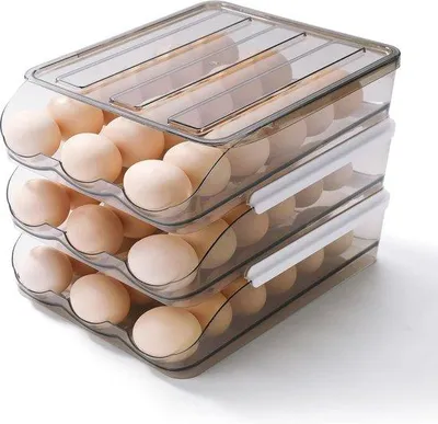Obrázek produktu pro Unyqoos® Úložná krabička na vejce do lednice – průhledná plastová krabička, stohovatelná, 3 vrstvy (54 vajec), rozměry 28,5 x 21,5 x 21 cm, s naklápěcím mechanismem