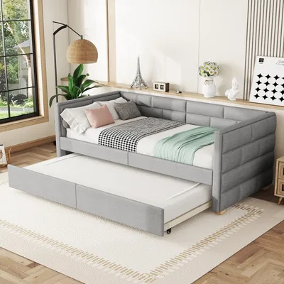 Produktbild von 90x200cm Schlafsofa mit ausziehbarem Bett, platzsparendes Design, Leinenstoff, robust und stilvoll, ideal für kleine Räume, Grau