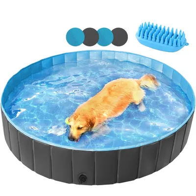 Produktbild von Yaheetech Faltbare Hundepool ⌀160 cm, Planschbecken für Hunde, mit Badebürste & 4 Flicken, Anti-Rutsch Hundebadewanne aus PVC, Schwarz
