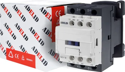 A product shot of an electrical contactor and its packaging.