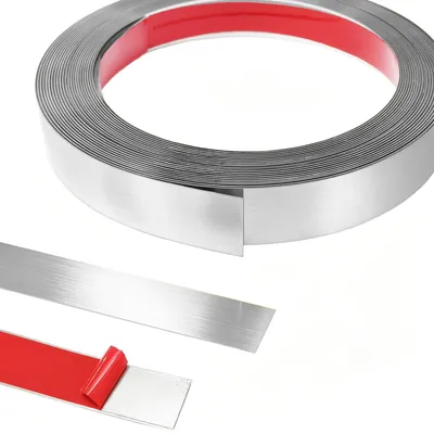 Imagen del producto de Cinta adhesiva decorativa de metal, 10 metros x 2 cm. Acero inoxidable, acabado plateado cepillado