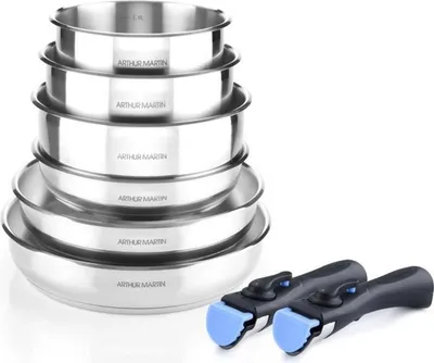 A stack of stainless steel pots and pans with two detachable handles.