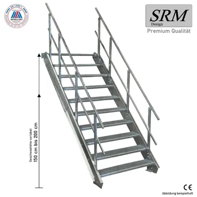 Produktbild von 10 Stufen Stahltreppe beidseitig. Geländer Breite 120cm Geschosshöhe 150-200cm