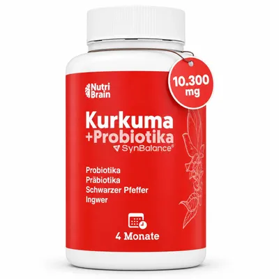 Produktbild von Kurkuma mit Ingwer und Schwarzem Pfeffer und PROBIOTIKA | 10.300 mg Hochdosiert <95% Curcumin | Entzündungshemmend für Muskel-, Knochen-, Gelenkswesen