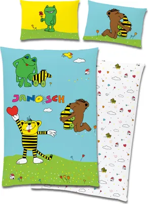 A collage of Janosch themed bedding items, including pillowcases and a duvet cover, featuring cartoon characters like a frog, bear, and tiger.