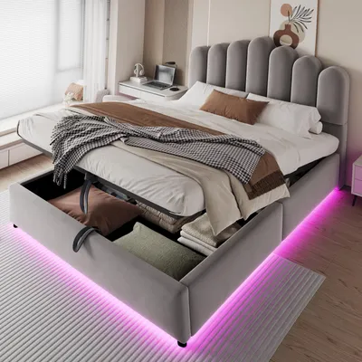 Produktbild von Merax Polsterbett 140x200cm mit hydraulischem Stauraum, Doppelbett mit LED Lichtleiste, gepolstertem Kopfteil, stabilem Lattenrost, Samt Stoff, Grau