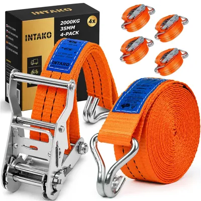 Obrázek produktu pro Upínací popruh s ráčnou a háky - 35 mm - 2000 kg - Oranžová - 6 m - Sada 4 ks