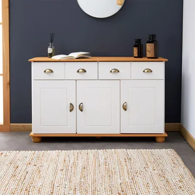 Produktbild von Sideboard COLMAR, Weiß/Braun - Landhaus Kommode mit 2 Schubladen und 3 Türen, Kiefer Massivholz, Muschelgriffe aus Metall, ideal für Flur oder Wohnzimmer