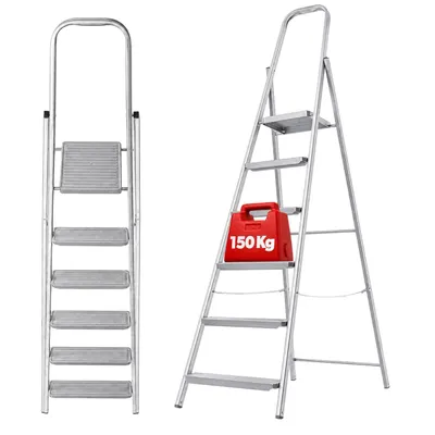 Obrázok produktu pre KADAX Jednostranný oceľový rebrík s protišmykovými nohami, rebrík pre domácnosť so širokými stupňami (6 stupňov)