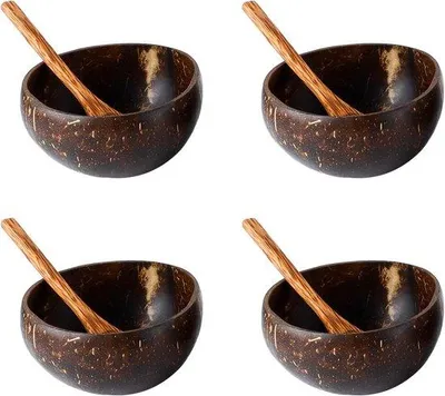 Produktbild von Kokosnussschalen, 12x6 cm - 4 Stück - Handgefertigt aus Kokosnuss - Perfekt für vegane Salate - Vemera
