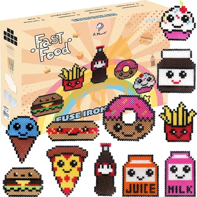 Produktbild von La Manuli Bügelperlen Set 5mm - Fastfood Motive, 4000 Steckperle mit Steckplatten, Komplettset mit Zubehör, Magnete & Anhänger