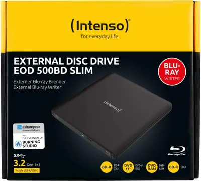 Produktbild von Intenso EOD 500BD Slim, Schwarz, Vorderseite, Desktop / Laptop, Blu-Ray ROM, USB 3.2 Gen 1 (3.1 Gen 1), BD-R, BD-R DL, BD-R XL, BD-RE, BD-RE DL, BD-ROM, CD-DA, CD-R, CD-ROM, CD-RW, DVD+R, DVD+R DL,...