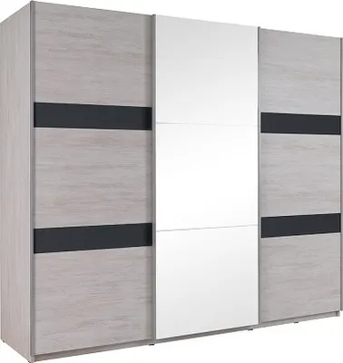 Produktbild von Furmeb24 - DENVER 3-triger Schwebeschrank mit Spiegel, Kleiderschrank (Eiche wei / Graphit gl€nzend+Spiegel) - Ohne LED