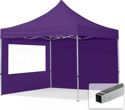 A purple pop-up tent with a window and a close-up of aluminum tubing.