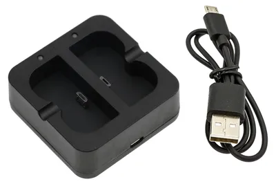 A black dual-port charging station and a black USB cable are shown against a white background.
