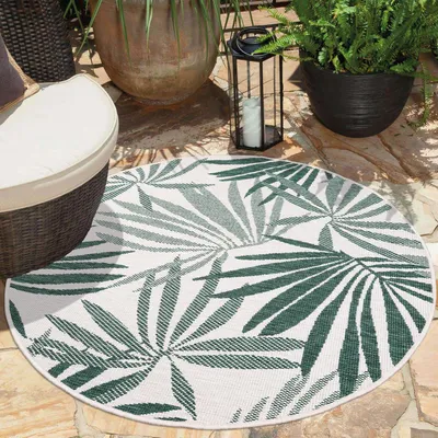 Produktbild von Teppich Outdoor Wetterfest - Grün, Creme - Wendeteppich - 120 cm Rund - Florales Muster