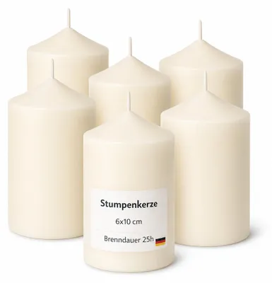 Imagen del producto de Velas tipo "stumpen" de 6 cm de diámetro x 10 cm de alto, color marfil, paquete de 6 unidades