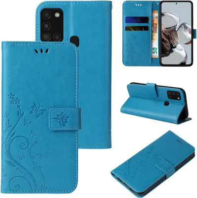 Produktbild von Handyhülle für Samsung Galaxy A21s Floral Blumen Schmetterling Flip Cover Hülle Case Klapphülle Handytasche Farbe: Blau