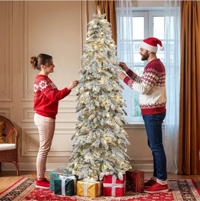 Produktbild von BALCONERA 229cm Künstlicher Weihnachtsbaum Schmal, Vorgeschmückt mit Schnee & 350 LED Beleuchtung & 51 Kiefernzapfen, ca. 818 Spitzen, Tannenbaum mit Klappsystem & Metallständer, 229 x Φ80cm