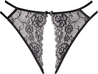 A close-up studio shot of black lace lingerie.