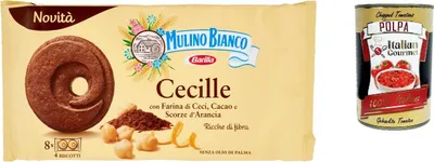 Produktbild von 6x Mulino Bianco Cecille Kekse mit Kichererbsenmehl, Kakao und Orangenschale, 220 g + Italian gourmet polpa 400g