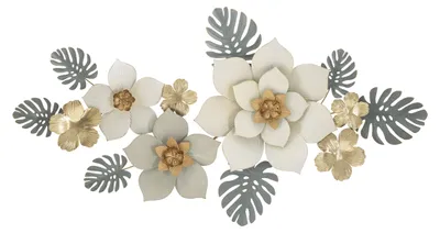 Immagine prodotto di Pannello da Parete 3D Moty in Ferro con Fiori e Foglie - Decorazione Murale Multicolore con Finiture Dorate 134,6x69,9 cm - Style Glam