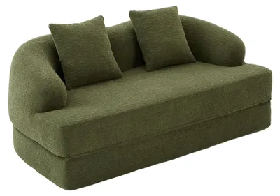 Imagen del producto de Sofa cama para 2 personas, convertible, tapizado en tela verde texturizada, con 2 cojines
