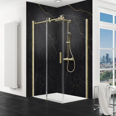 Produktbild von Duschtür mit Seitenwand mit Gleittür/Schiebetür SCHULTE MasterClass ExpressPlus 140 x 90 cm Profil gold Klarglas Türansc