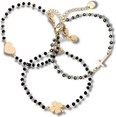 Produktbild von EDIBAZZAR | Set mit 3 Armbändern, Perlen aus Chirurgenstahl, Herz, Kreuz, Kleeblatt, Gold