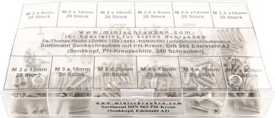 Produktbild von Sortiment Senkschrauben mit PH-Kreuz DIN 965 Edelstahl A2 (240 Schrauben)