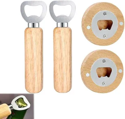 Produktbild von Unyqoos® Holz‑Flaschenöffner Set (4) – kompakt & robust, Eichenholz mit Edelstahl, Ø 6 cm × 1 cm, ideal für Zuhause und Outdoor