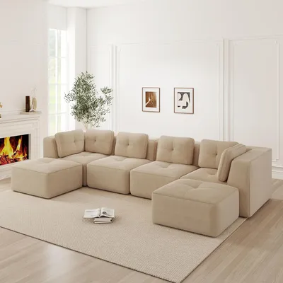 Produktbild von Cordstoff-U-förmiges Modulsofa mit Ottoman, rahmenlos, Tiefensitz, 386 x 177 x 69 cm, Beige