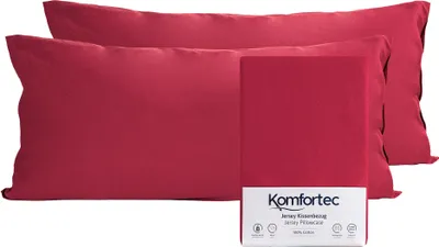 Two red pillowcases are shown, with one folded and placed in front of the other. A small packaging box with the brand logo and product details is also visible.