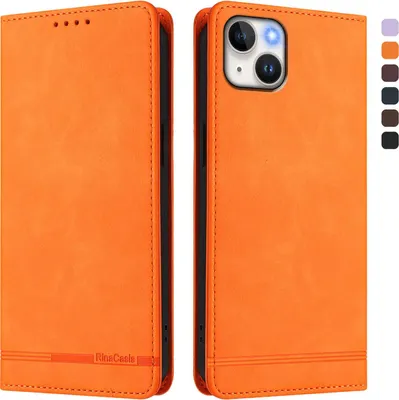 Produktbild von Hülle für iPhone 15 Plus, Retro Kunstleder Ständer Klapphülle mit Kartenfächer und Magnetische Orange