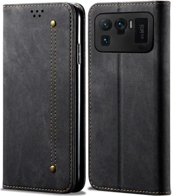 Produktbild von Xiaomi Mi 11 Ultra Hülle, LaimTop Denim Leder Brieftasche Magnetverschluss Flip Bookstyle Schutzhülle mit Standfunktion für Xiaomi Mi 11 Ultra Schwarz