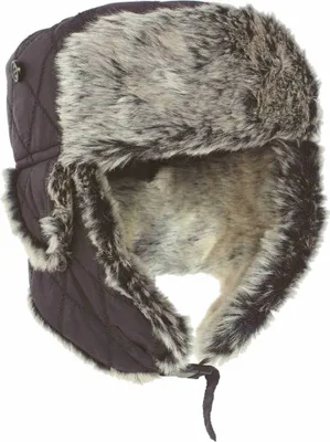 A black winter hat with faux fur trim.