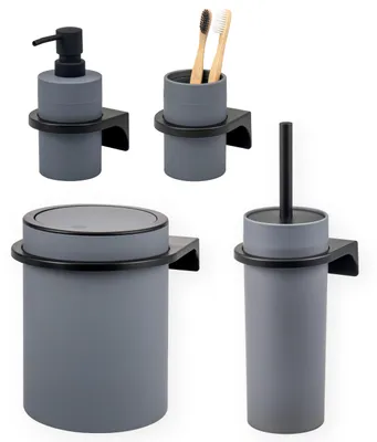 Immagine prodotto di Set da bagno Bremermann SAVONA, 4 pezzi, con dispenser per sapone, bicchiere, cestino per cosmetici da 5,5 litri e set per WC in plastica grigia