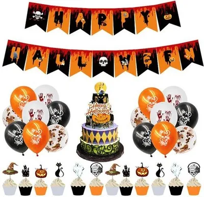 Obrázek produktu pro Oslavte Halloween s našimi dekoracemi – sada obsahuje vlajky, balónky, ozdoby na dort a další, ideální pro vaši halloweenskou oslavu narozenin