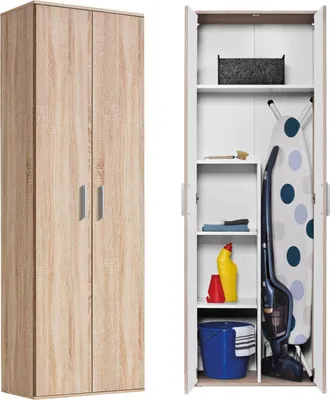 Produktbild von mokebo® Mehrzweckschrank o. Besenschrank 'Der Lange', auch als Haushaltsschrank o. Putzschrank mit Staubsaugerfach für Akkustaubsauger (Max. 141x26x34 cm) in Braun aus Holz in 60x180x34 (B/H/T in cm)