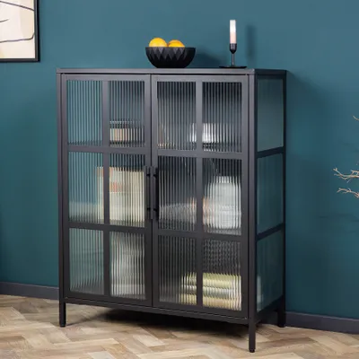Produktbild von riess-ambiente Industrial Vitrine DURA STEEL 80cm schwarz Metall Riffelglas Schrank Wohnzimmerschrank Kommode