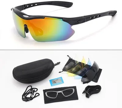 Immagine prodotto di Occhiali sportivi con protezione UV, 5 lenti intercambiabili, lenti polarizzate nere, occhiali da sole unisex per attività all'aperto come ciclismo, corsa, arrampicata e sci