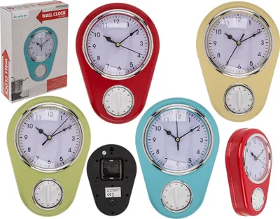 A collage of wall clocks in various colors, including one in its packaging.