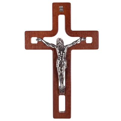 Image de Croix suspendue en bois moderne avec la croix de la Passion brune 25x16x1,6 cm