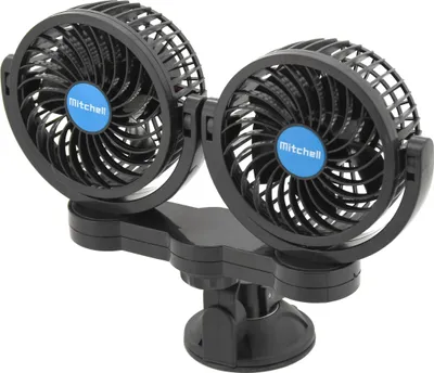 A dual-headed black fan with blue accents is mounted on a suction cup base.