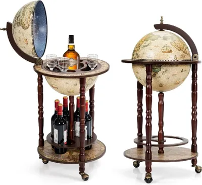 Zdjęcie produktu dla Barek Globe z 3 kółkami, wózek barowy stojak na wino bar koktajlowy Globe z płytą podstawy, bar domowy minibar stół barowy bar deco, drewno eukaliptusowe (beżowy)