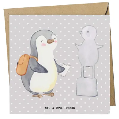 Produktbild von Mr. & Mrs. Panda Grußkarte Pinguin Museum besuchen - Grau Pastell - Geschenk, doppelkarte, Glückwunschkarte, Museen, faltkarte, anlasskarte, Klappkarte
