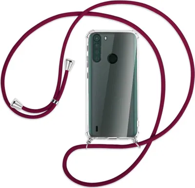 Produktbild von Handykette Backcover-Schutzhülle mit Band (Metall silberfarben) für Motorola One Fusion - dunkelrot