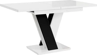 A white and black extendable dining table with a pedestal base.