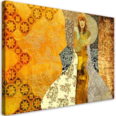 Obrázok produktu pre Obraz na plátne Klimtova žena na dekoratívnom pozadí 120x80 Feeby Zlatá obraz na stenu pripravené na zavesenie